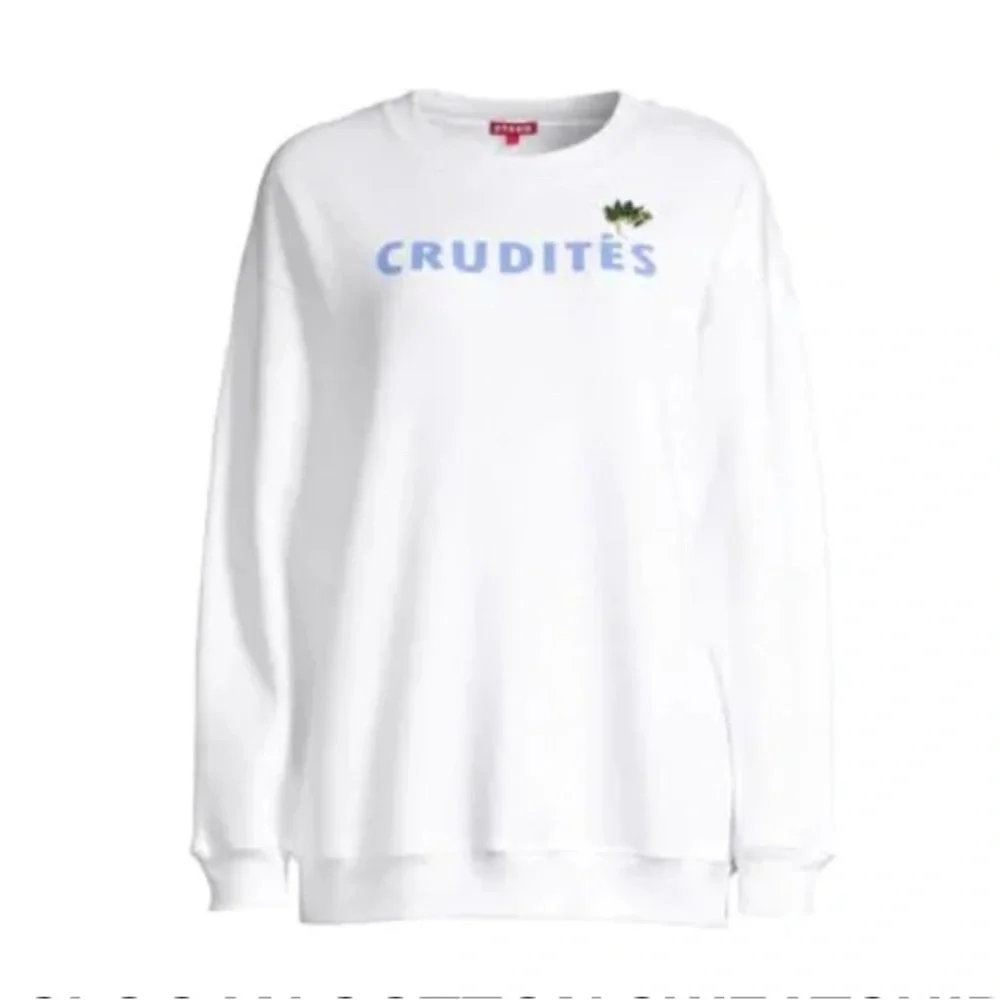 NWOT STAUD Crudités Slogan White Sweatshirt with Blue Print and Pin. - Picture 1 of 7